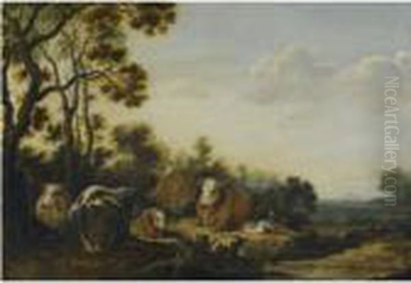 Landscape With Cattle And Ducks By A Stream Oil Painting by Gillis Claesz De Hondecoeter