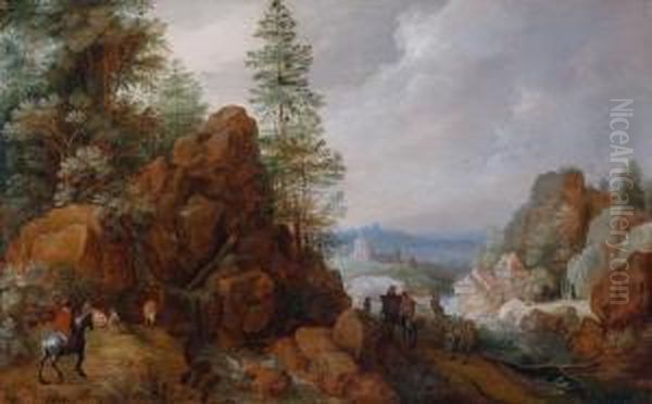 Viaggiatori In Un Paesaggio Di Montagna Oil Painting by Gillis Claesz De Hondecoeter