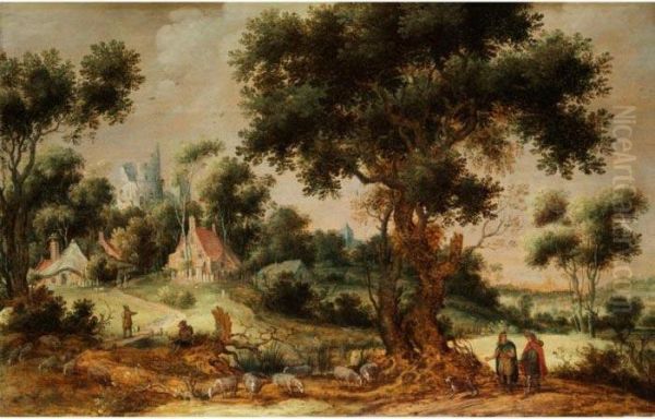 Baumlandschaft Mit Hausern Im Jungwald Und Figurenstaffage Im Vordergrund Oil Painting by Gillis Claesz De Hondecoeter