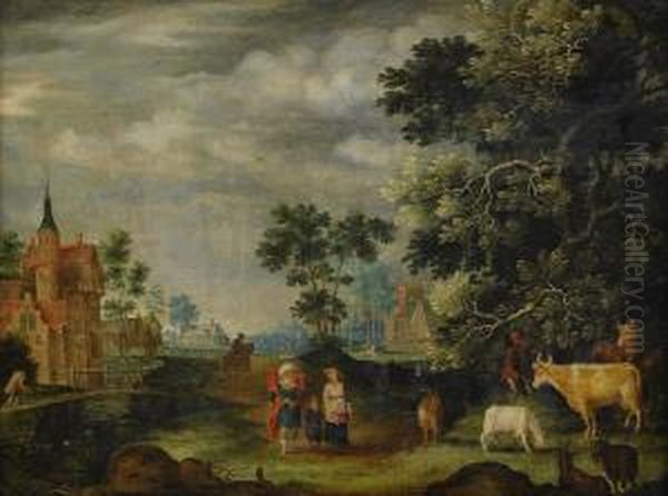 Landskap Med Manniskor Och Boskap Oil Painting by Gillis Claesz De Hondecoeter