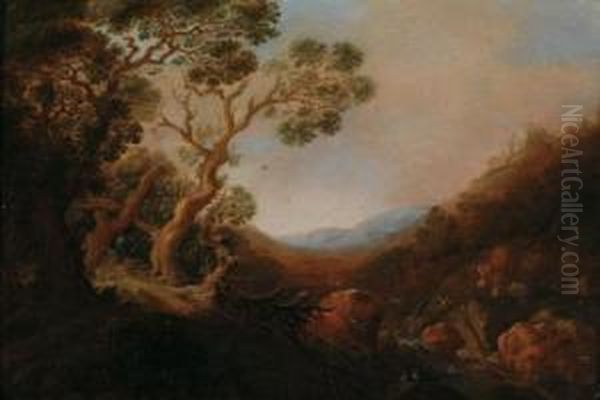 Paesaggio Di Montagna Con Cervi Presso Uno Stagno Oil Painting by Gillis Claesz De Hondecoeter