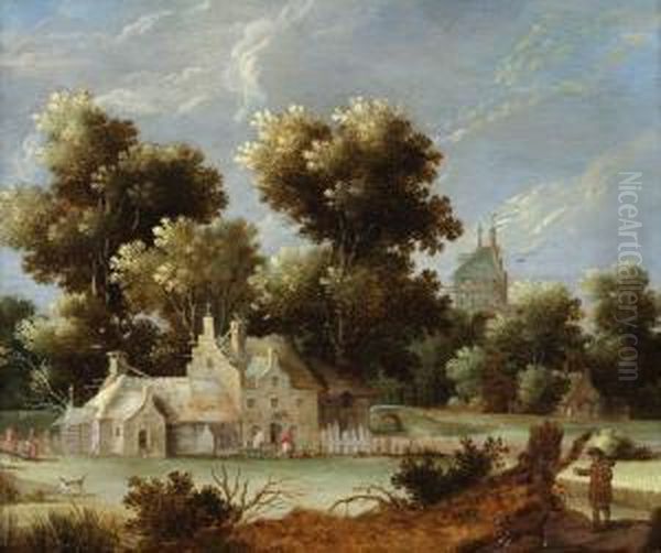 A Rural Landscapewith Figures Standing Outside A Tavern Oil Painting by Gillis Claesz De Hondecoeter