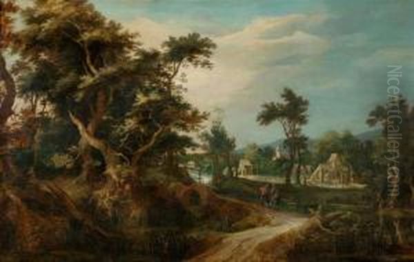 Wooded Landscape With Village And Two Walkers. Oil Painting by Gillis Claesz De Hondecoeter