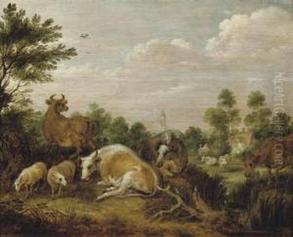 Cows And Sheep In A Landscape, A Church And Houses Beyond Oil Painting by Gillis Claesz De Hondecoeter