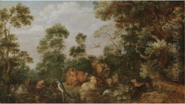 A Paradise Landscape With Cows, Goats, Dogs, Parrots And Swans Oil Painting by Gillis Claesz De Hondecoeter