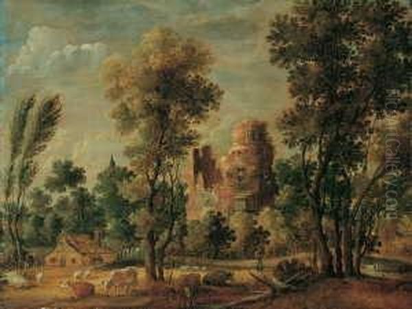 Baumlandschaft Mit Ruine, Kuhen Und Schafen Oil Painting by Gillis Claesz De Hondecoeter