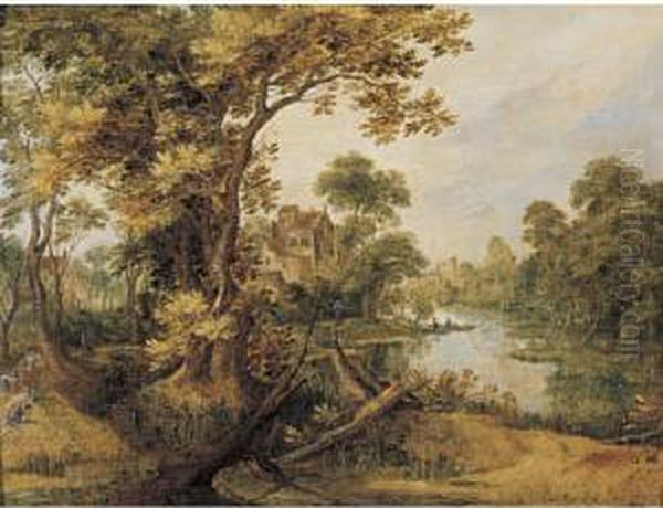 A Wooded River Landscape With Hunters And Two Dogs On A Path, A Town Beyond Oil Painting by Gillis Claesz De Hondecoeter