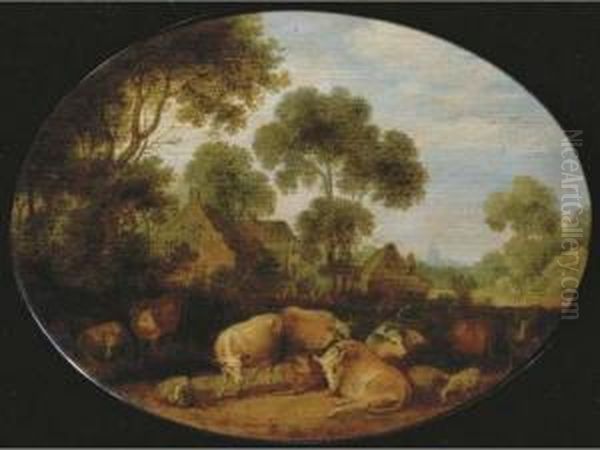 Cows And Sheep Resting In A Wooded Landscape Oil Painting by Gillis Claesz De Hondecoeter