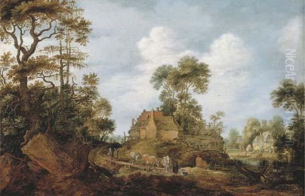 A Herdsman Driving Cattle To Water And Travellers On A Road, Avillage Beyond Oil Painting by Gillis Claesz De Hondecoeter