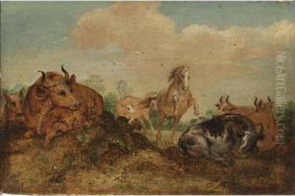 Cows And Horses In A Summer Landscape Oil Painting by Gillis Claesz De Hondecoeter