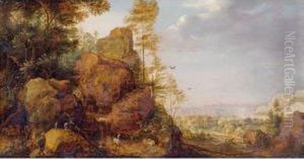 A Mountainous Landscape With A 
Rocky Outcrop By The Edge Of A Wood, Goats And A Reindeer Resting By A 
Waterfall, A Village In An Extensive Landscape Beyond Oil Painting by Gillis Claesz De Hondecoeter