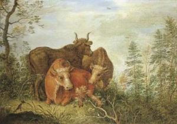 A Wooded Landscape With Cattle In A Clearing Oil Painting by Gillis Claesz De Hondecoeter