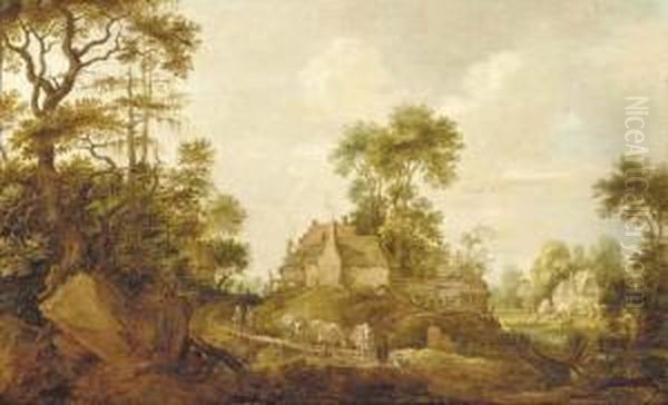 A Wooded Landscape With A Drover And Cattle On A Track Oil Painting by Gillis Claesz De Hondecoeter