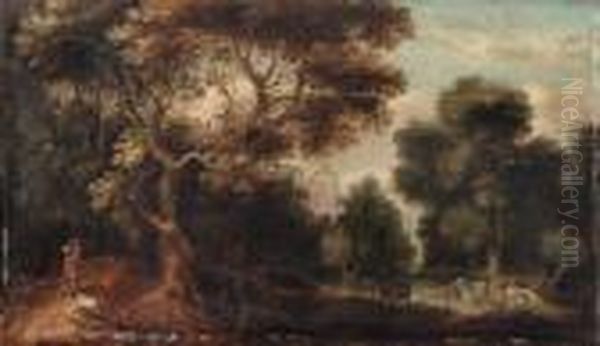 A Wooded River Landscape With A 
Traveller And A Dog On A Path,cattle Watering And Figures Resting, A 
Church Beyond
Signed With Initials 'g. Dh' ('dh' Linked) Oil Painting by Gillis Claesz De Hondecoeter