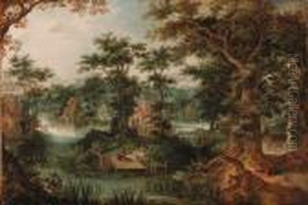 A Town In A Wooded River Landscape With Huntsmen And Otherfigures Oil Painting by Gillis Claesz De Hondecoeter