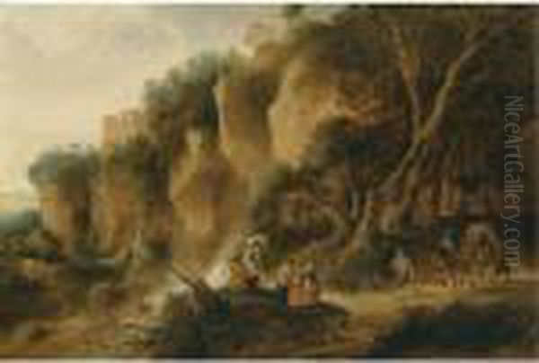 A Rocky Wooded Landscape With Travellers And Their Donkeys On A Path Oil Painting by Gijsbert Gillisz. de Hondecoeter