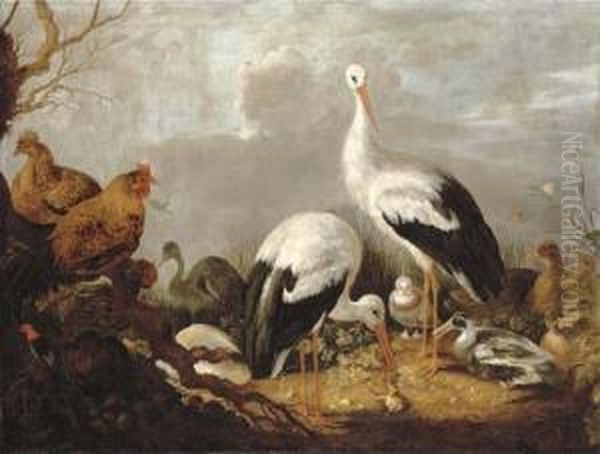 Storks, Mallards, Chickens, A Heron, A Frog And Other Birds In A River Landscape Oil Painting by Gijsbert Gillisz. de Hondecoeter