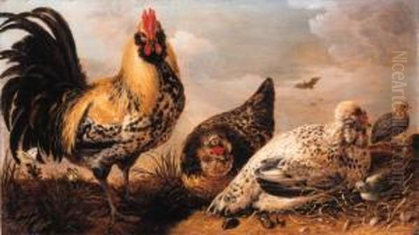 A Hen And Chicks In A Landscape Oil Painting by Gijsbert Gillisz. de Hondecoeter