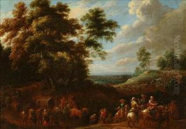 A Cavalry Trainpassing Through A Wooded Landscape Oil Painting by Lambert de Hondt