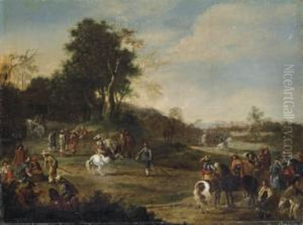 Cavalrymen In A Landscape Oil Painting by Lambert de Hondt