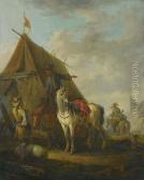 Horsemen At Camp. Oil Painting by Lambert de Hondt