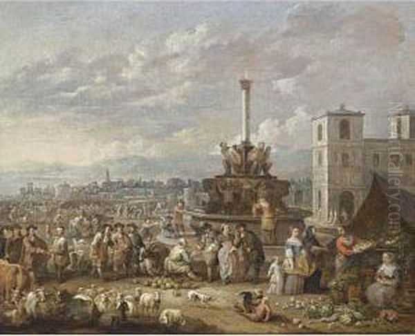 An Italianate Market Scene With Peasants Selling Their Ware Near A Fountain Oil Painting by Lambert de Hondt