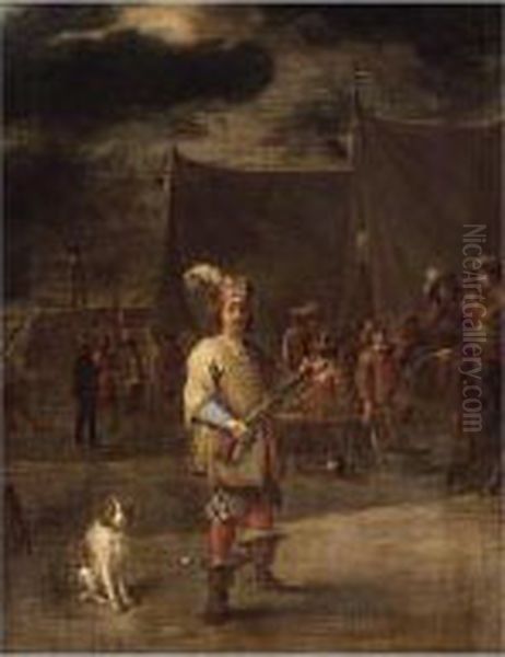 A Military Encampment With A Soldier And Dog Before Tents Oil Painting by Lambert de Hondt