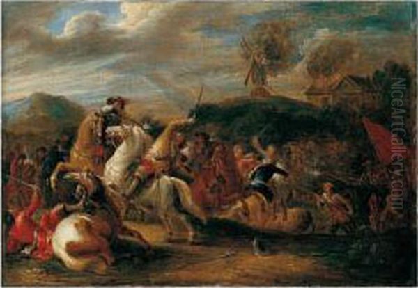 A Battle Scene Before A Burning Windmill Oil Painting by Lambert de Hondt