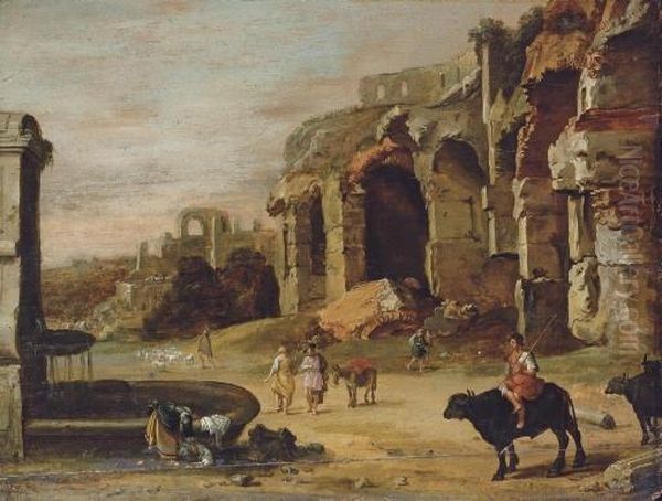 An Italianate Landscape With Figures By Classical Ruins Oil Painting by Charles-Cornelisz de Hooch