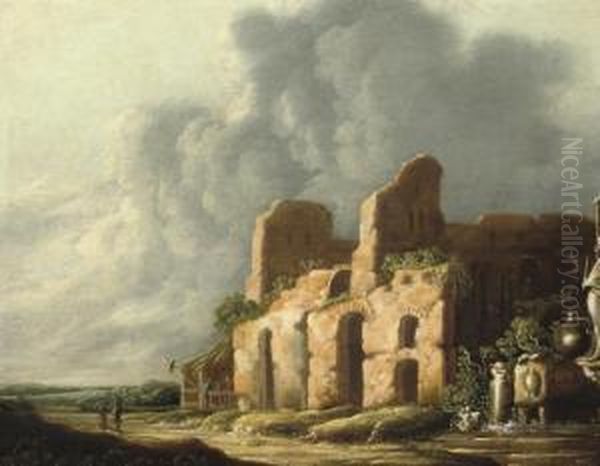 An Italiante Landscape With Ancients Ruins Oil Painting by Charles-Cornelisz de Hooch