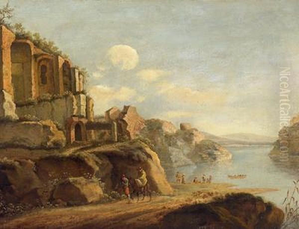 Paesaggio Fluviale Meridionale Con Rovine Antiche E Viadanti Oil Painting by Horatius Hooch