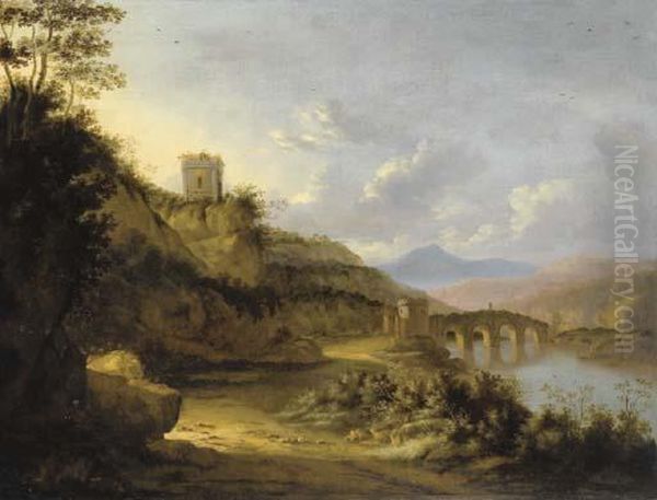 Paesaggio Fluviale Con Un Ponte Fortificato E Un Mausoleo Oil Painting by Horatius Hooch