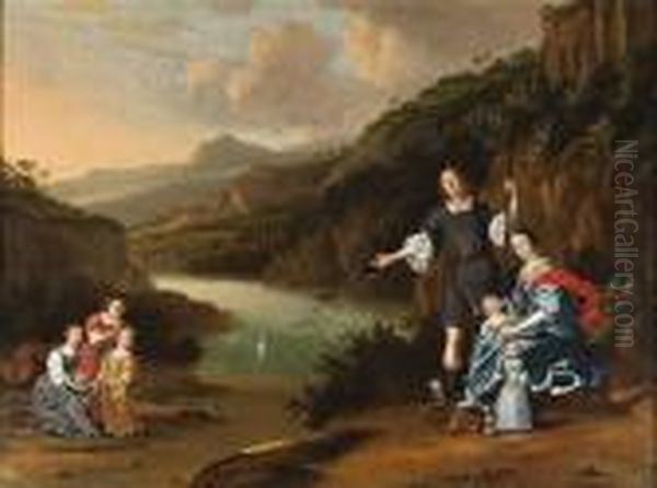 A Group Portrait Of A Family, 
Standing Full-length, In An Italianate Landscape, With Swans On A Lake 
With A Hilltop Fortress And Mountains Beyond Oil Painting by Horatius Hooch