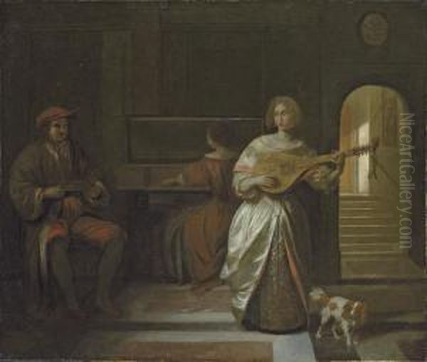 An Elegant Company Making Music In An Interior Oil Painting by Pieter De Hooch