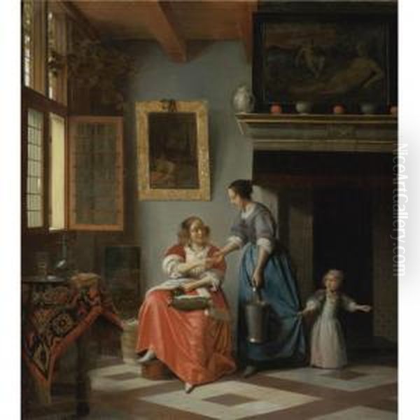 A Woman Handing A Coin To A Serving Woman With A Child Oil Painting by Pieter De Hooch