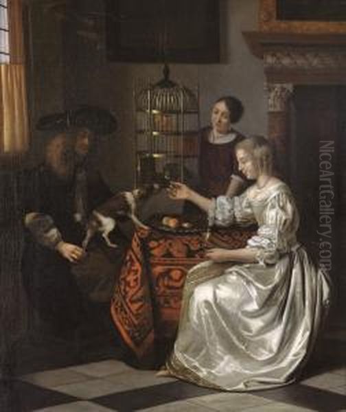 Jeune Femme Nourrissant Son Perroquet Oil Painting by Pieter De Hooch