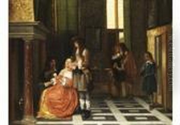 Hollandisches Interieur Mit Hofischen Personen (triumph Derherzkarte) Oil Painting by Pieter De Hooch