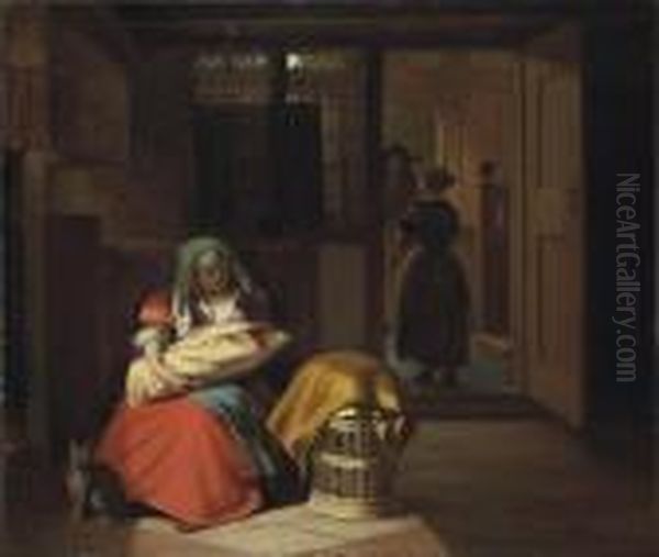 A Lady Nursing A Child In An Interior Oil Painting by Pieter De Hooch