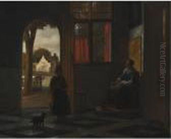 A Woman Seated By A Window With A Child In A Doorway Oil Painting by Pieter De Hooch