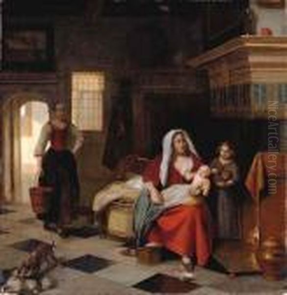 A Mother And Baby In An Interior With A Young Girl And A Maid Oil Painting by Pieter De Hooch