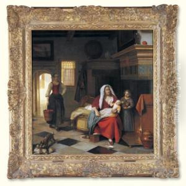 An Interior With A Mother And 
Her Children Before A Fireplace, A Maid Carrying A Pail Of Water Behind Oil Painting by Pieter De Hooch