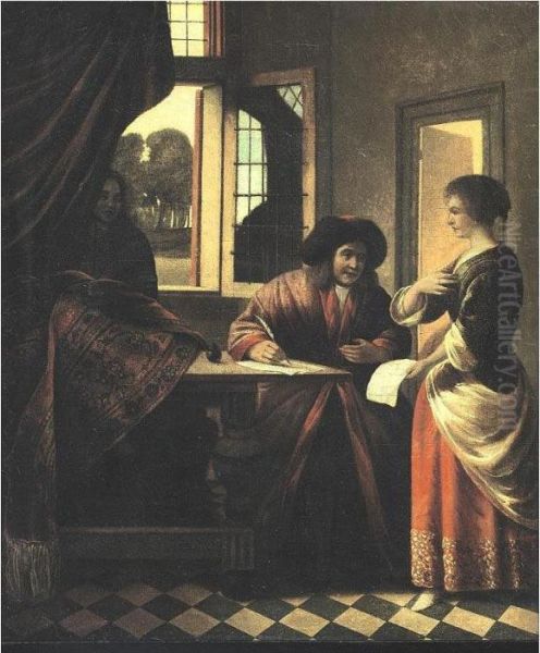 Interior Scene With A Man At A Writing Table Oil Painting by Pieter De Hooch