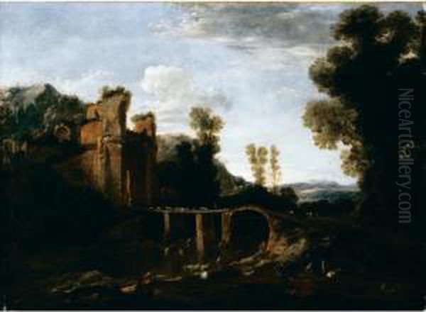 Paesaggio Fluviale Con Ponte, Figure Ed Armenti Oil Painting by Pieter De Hooch