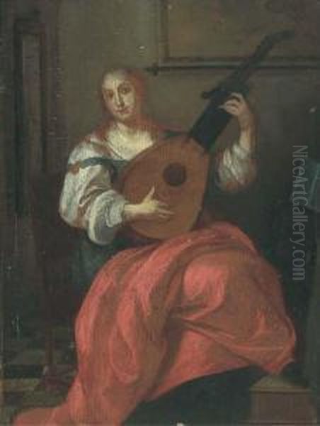 A Lady Playing A Lute In An Interior Oil Painting by Pieter De Hooch