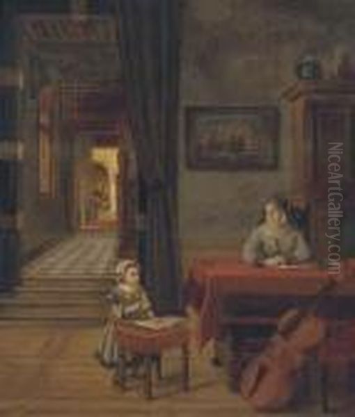 A Mother And Child In An Interior Oil Painting by Pieter De Hooch