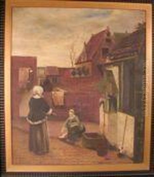 Hoogh A Womanand Her Maid In A Courtyard Oil Painting by Pieter De Hooch