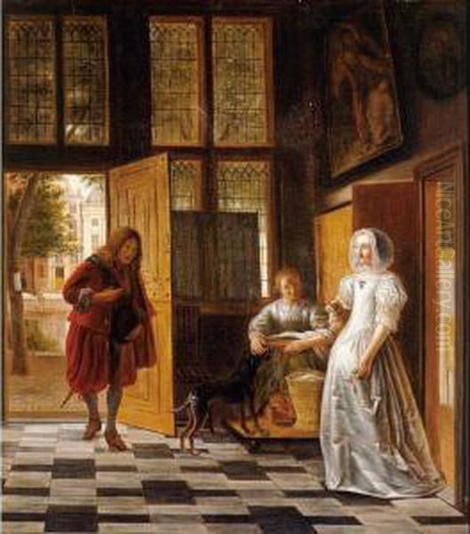 A Woman Receiving A Man At A Door Oil Painting by Pieter De Hooch