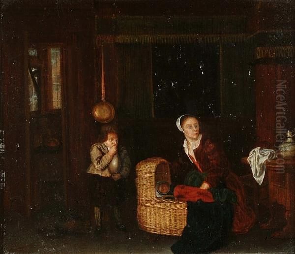 A Mother With Baby And Man Servant In An Interior Oil Painting by Pieter De Hooch