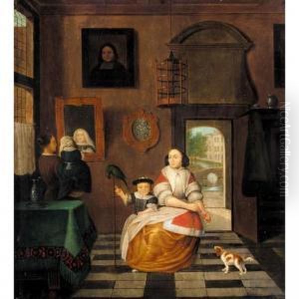 An Interior With A Seated Mother And Her Children Oil Painting by Pieter De Hooch