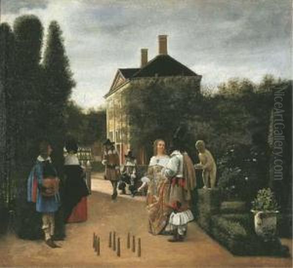 Elegant Figures Playing Skittles In A Landscaped Park Oil Painting by Pieter De Hooch